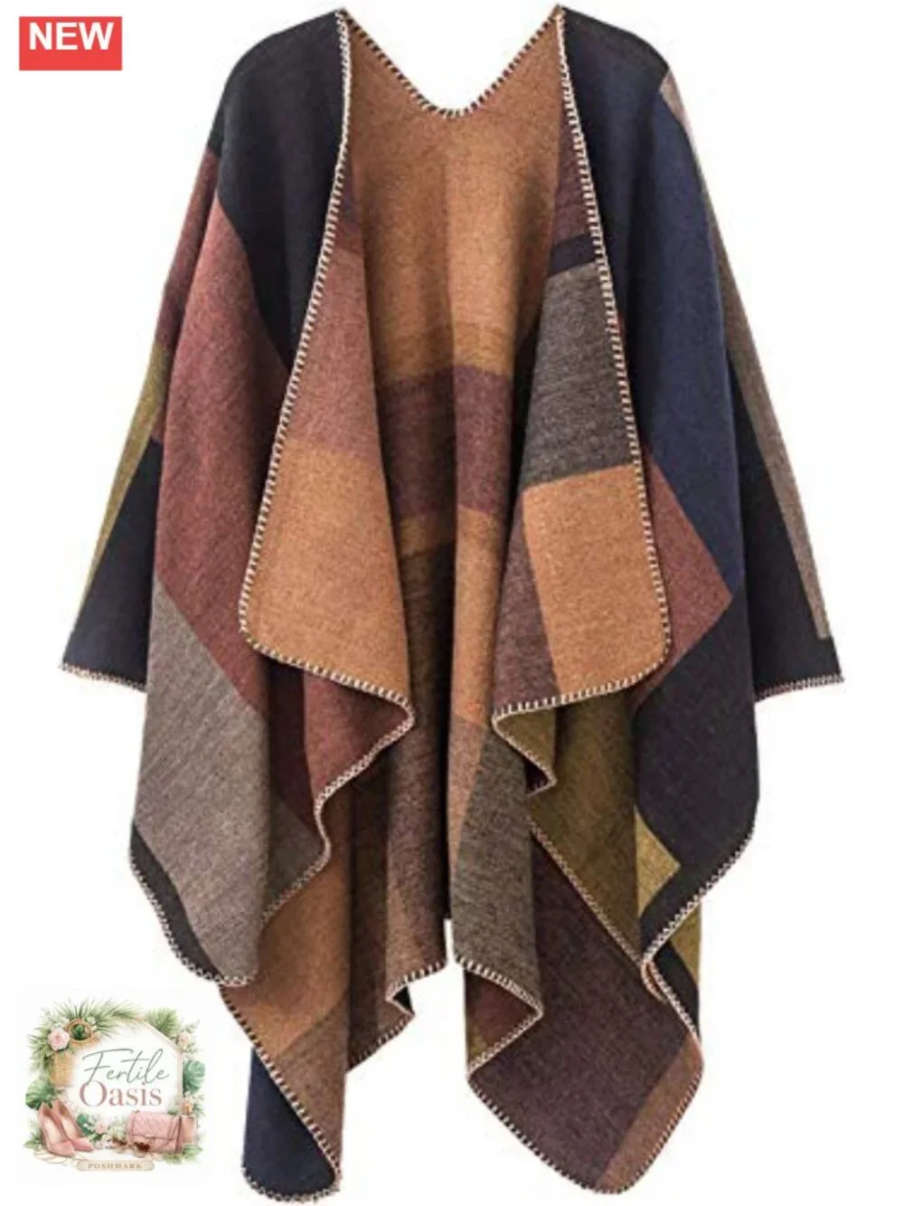 Reversible Plaid Poncho Shawl Wrap Sweater Cape | Long Sleeve, Oversized, Open
